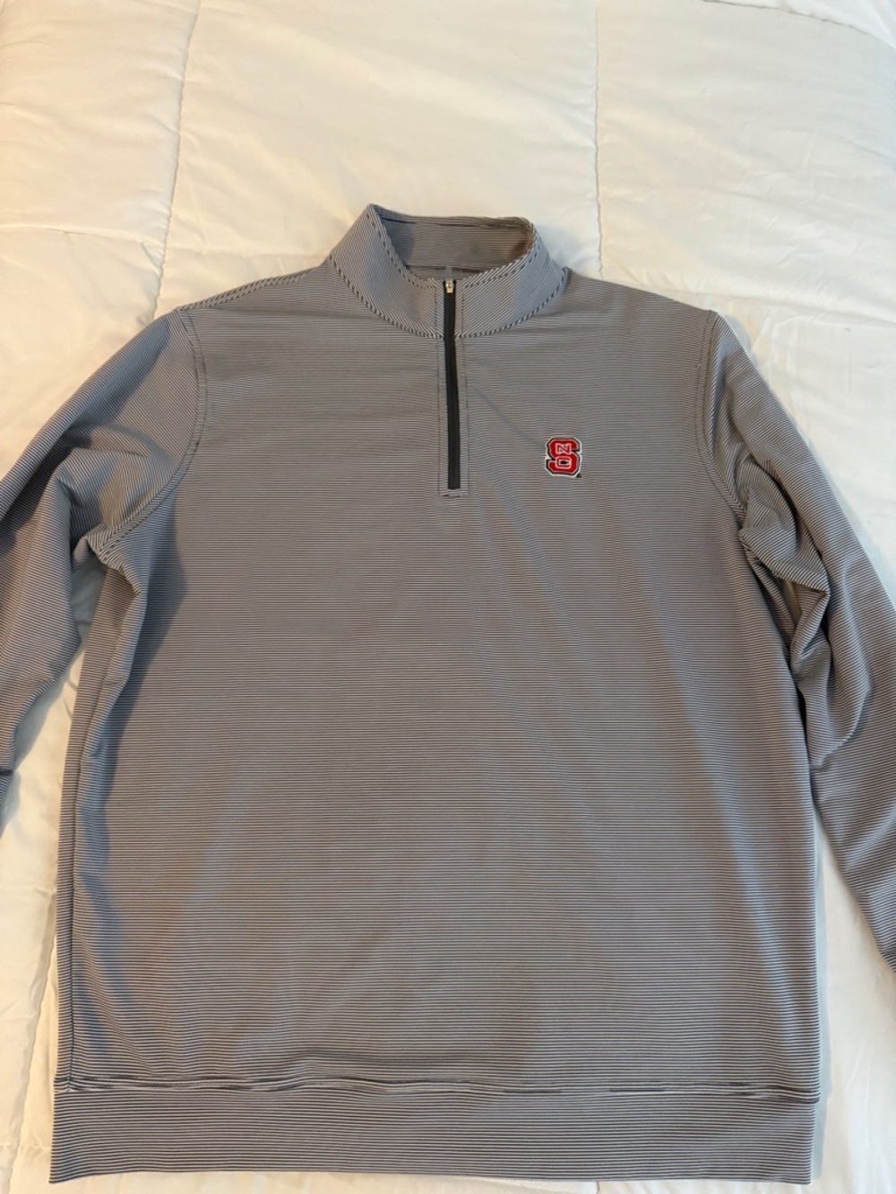 Peter Millar Striped Quarter-Zip Pullover with Red NCSU Embroidered Patch